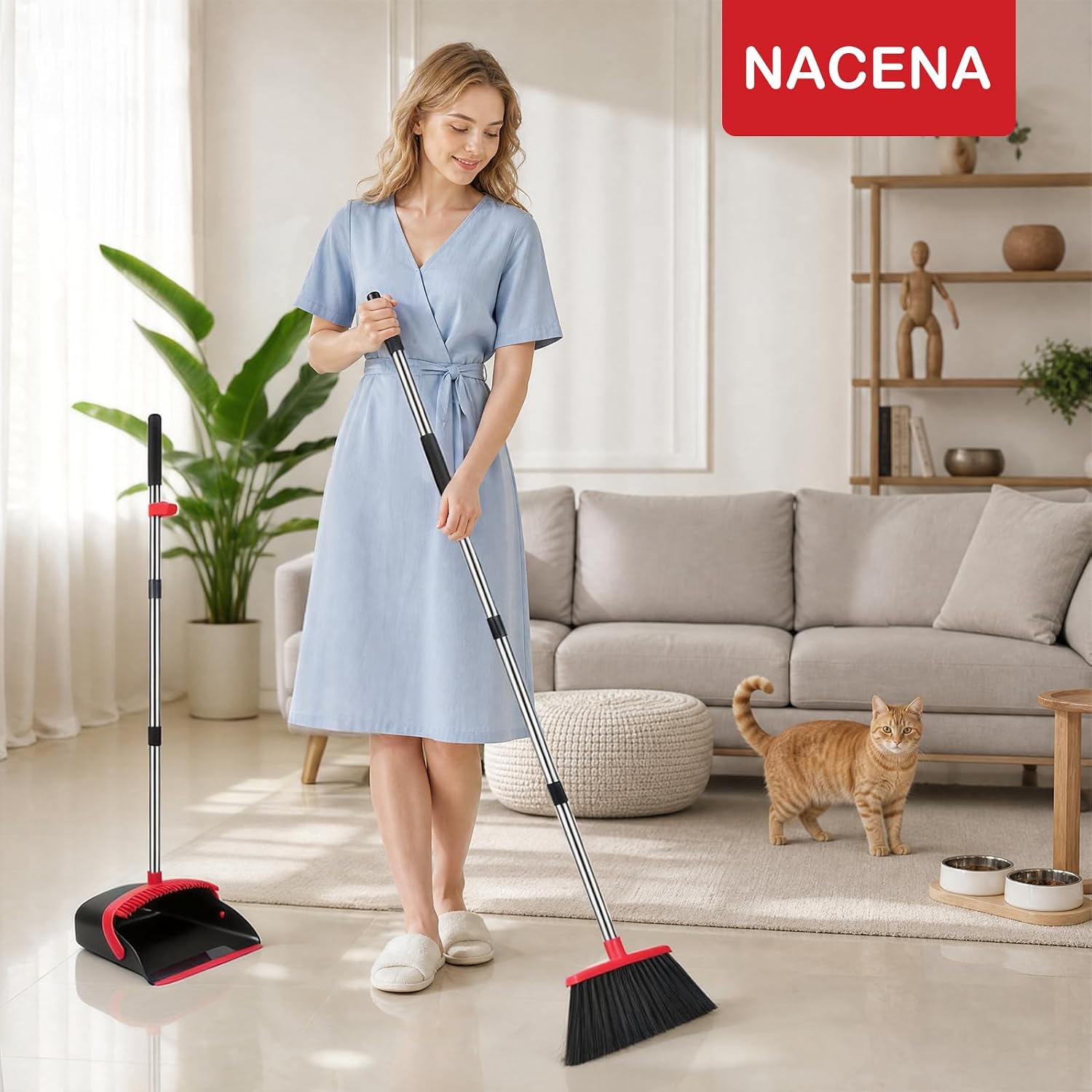 Broom and Dustpan Set, 52 inch Adjustable Handle