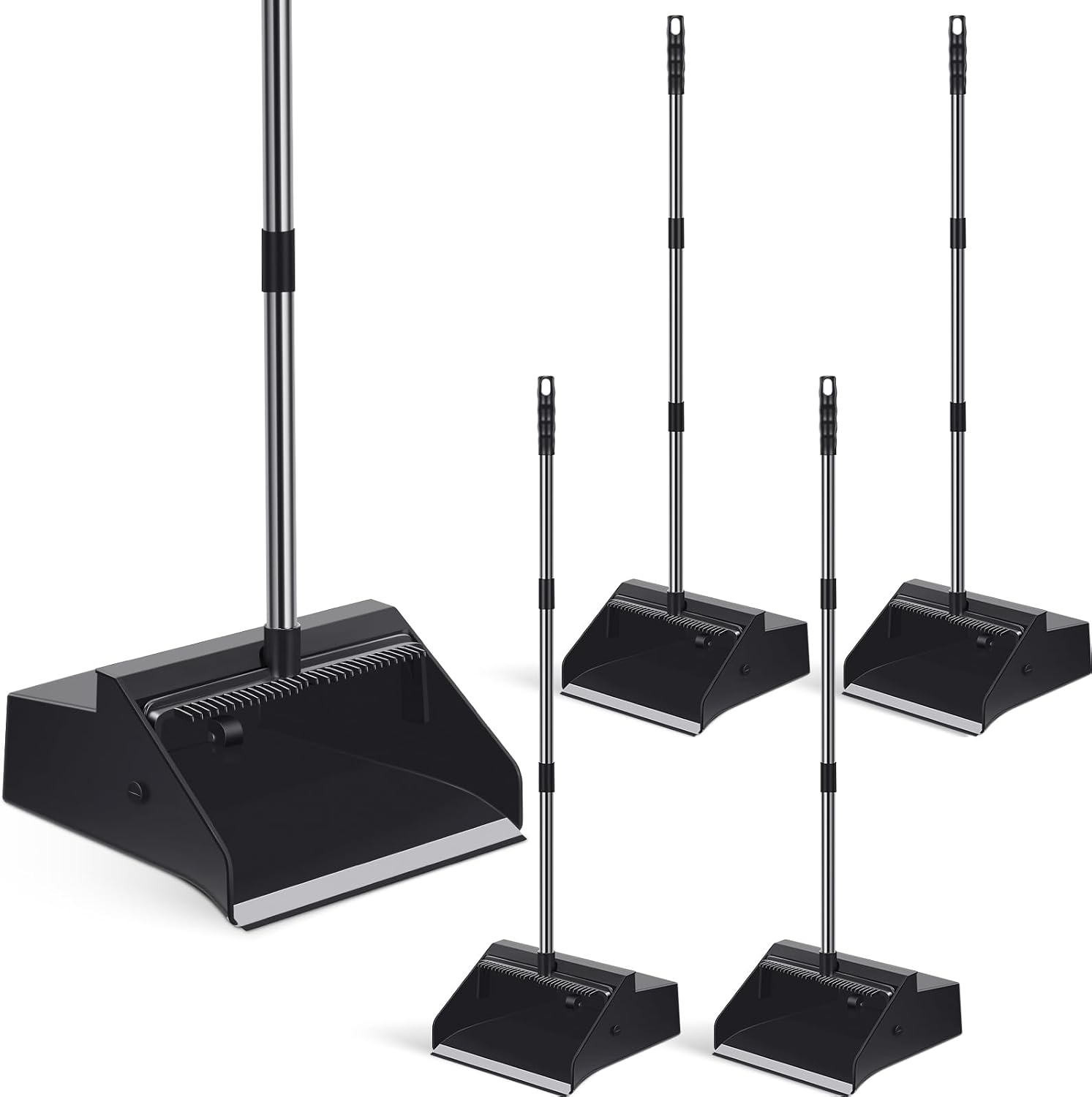 Stand-Up Dustpans with Long Handle and Comb, 4 Pieces