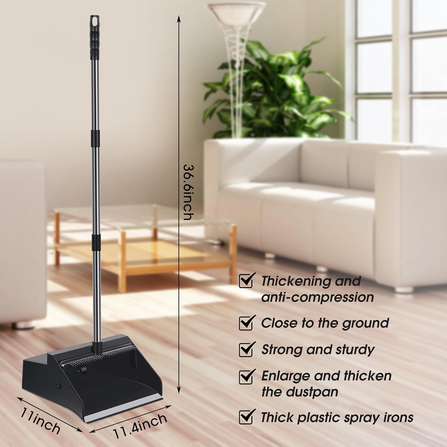Stand-Up Dustpans with Long Handle and Comb, 4 Pieces
